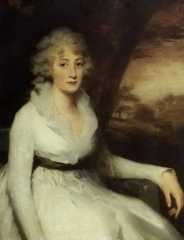Isabella, Lady Blair, seated in white dress, in landscape by Henry Raeburn