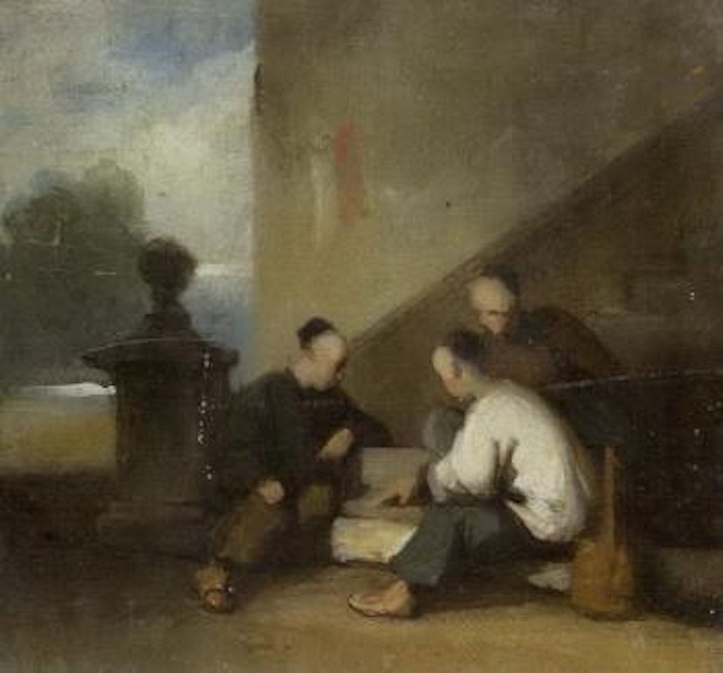 Chinese men gambling on steps of house by George Chinnery