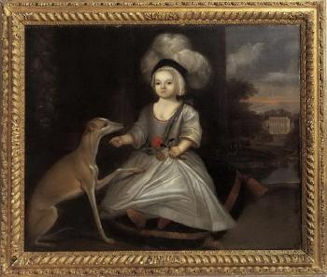 Elegant young child in elaborate costume, with greyhound by English School