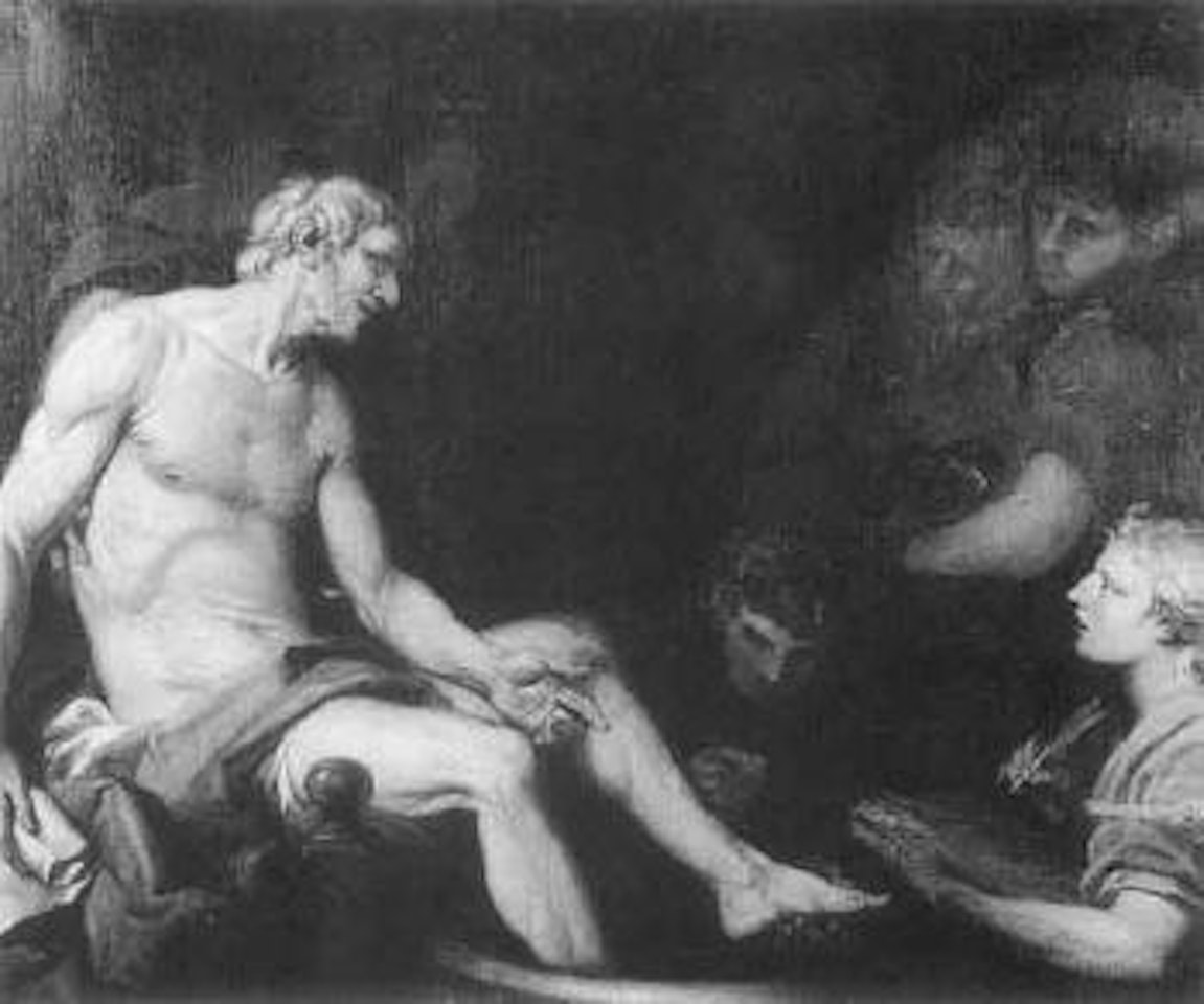 Old man preaching to a boy. The boy introducing the Roman Soldier to the old man by Roman School