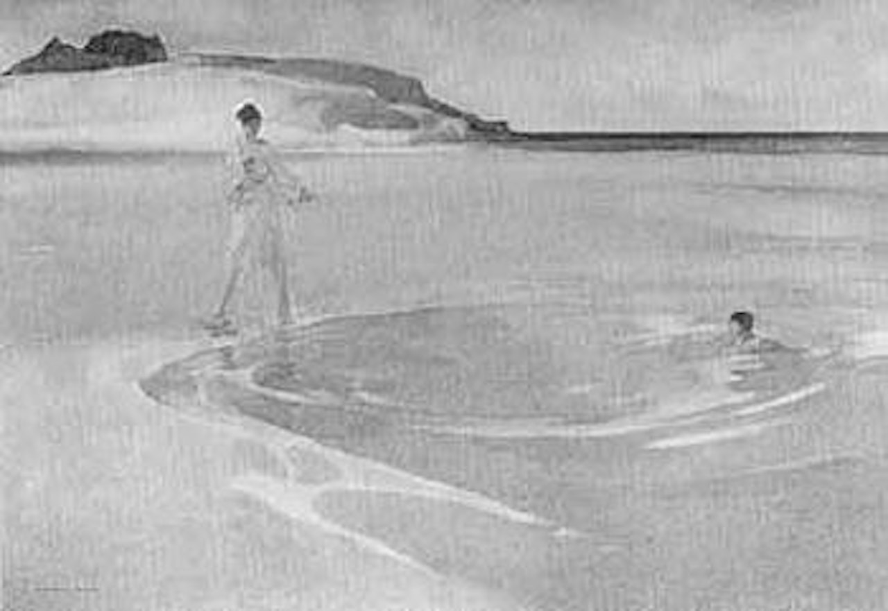 A young girl standing near a pool with female swimmer by William Russell Flint
