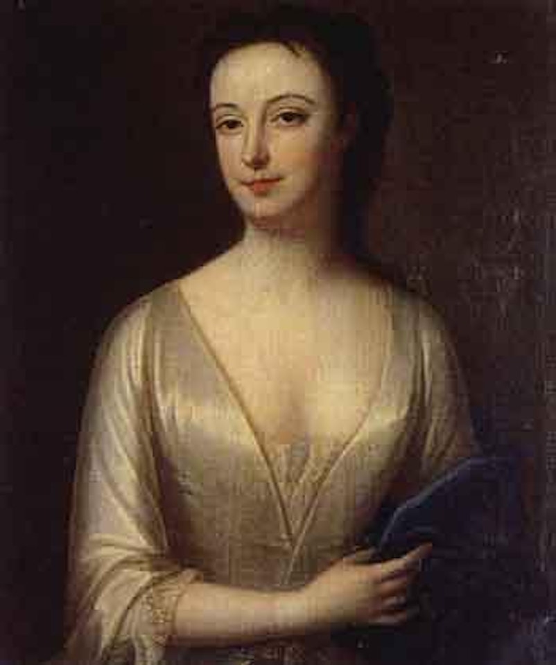 Portrait of lady wearing white dress and blue shawl by Sir Peter Lely