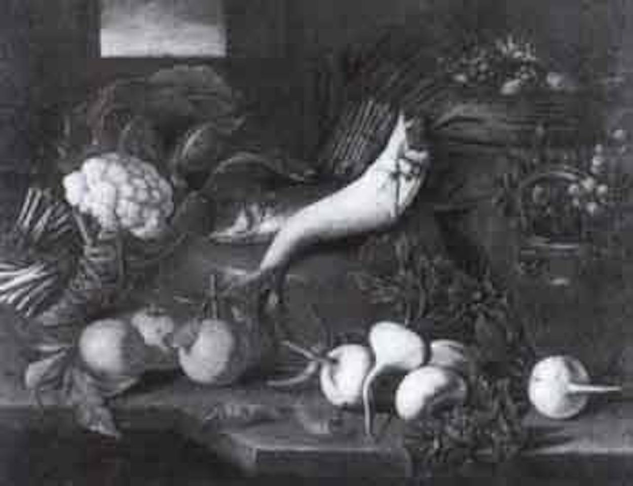 Still life with fish, vegetables, fruit and copperware by Giuseppe Recco