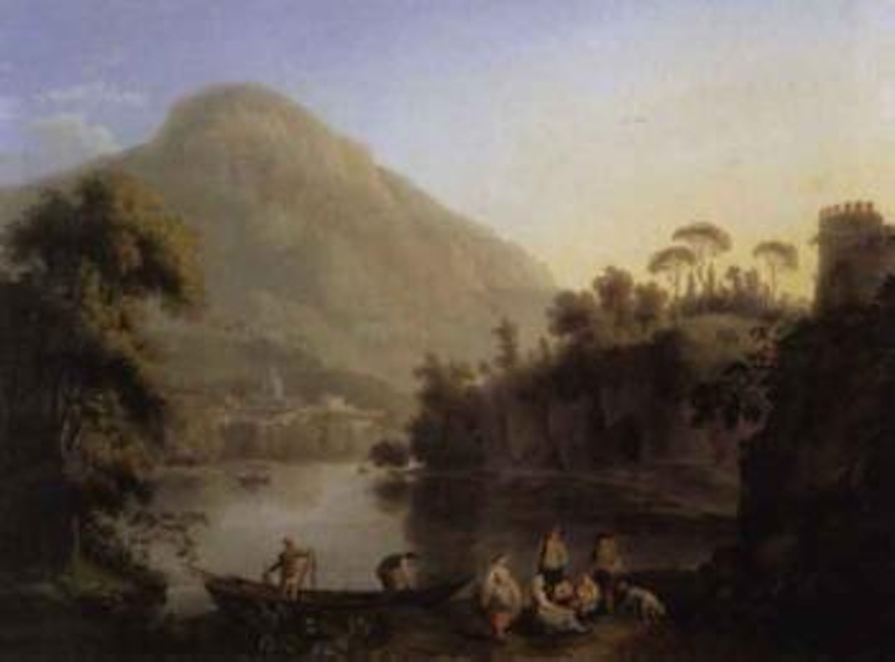 Fisherfolk in river landscape by Jacob Philipp Hackert