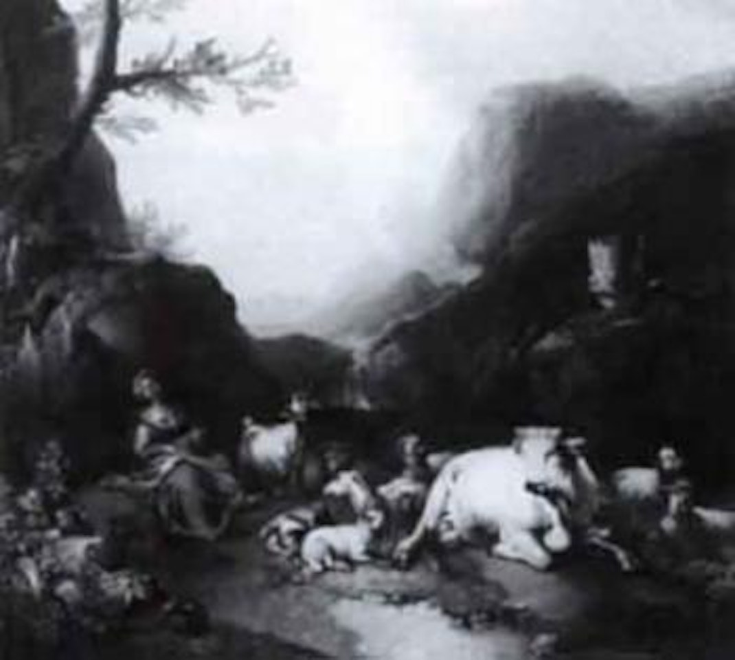 Shepherdess with sheep, goats and cow in mountain landscape by Christian Wilhelm Ernst Dietrich