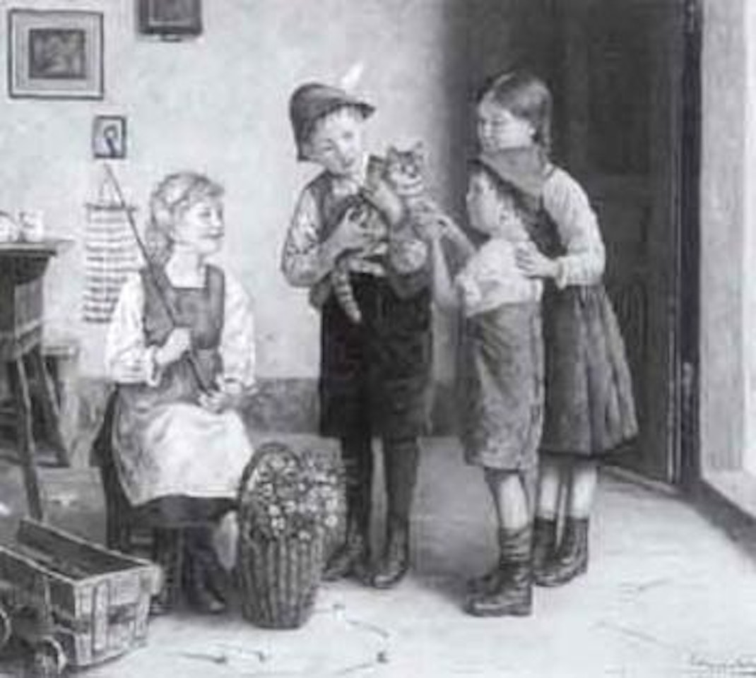 Four children with cat in an interior by Edmund Adler