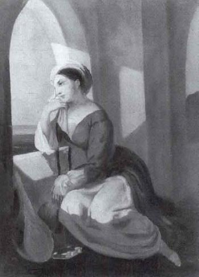 Oriental woman seated in window looking out to sea by Carl Spitzweg