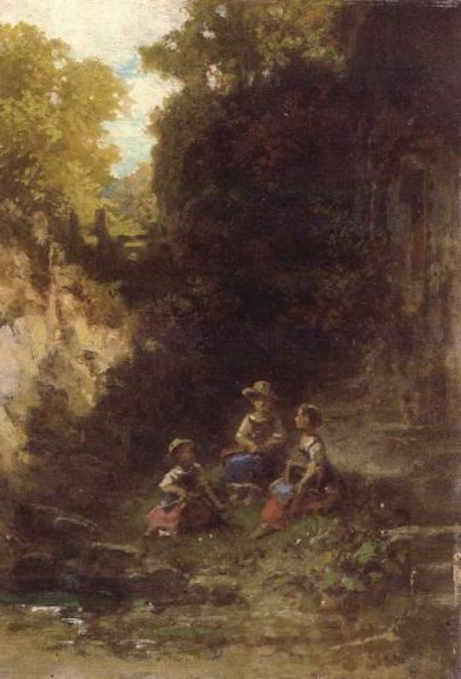 Three schoolgirls resting near the water by Carl Spitzweg