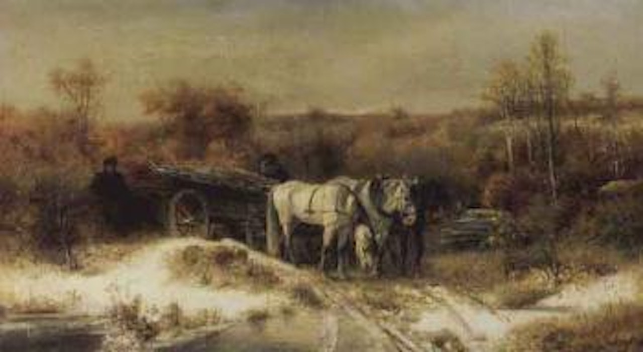 Peasants with woodcart in autumn landscape by Adolf Schreyer