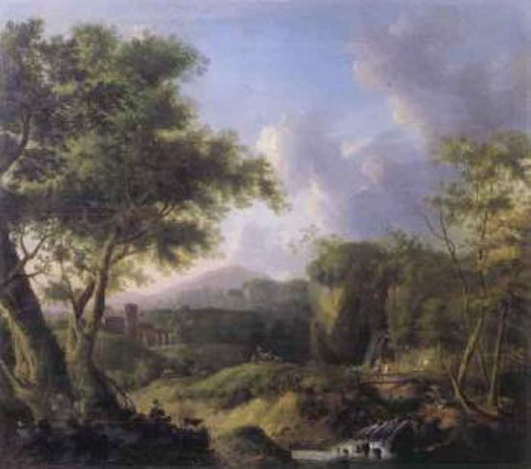 Landscape with figures, sheep and waterfall by Claude Lorrain