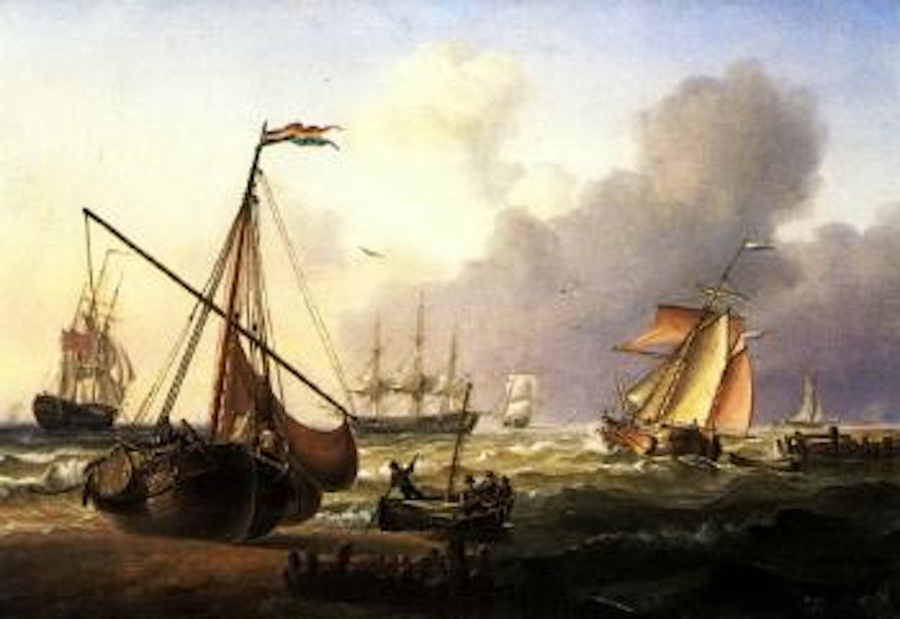 British men-o-war and coastal shipping off Dutch coast by Charles Martin Powell