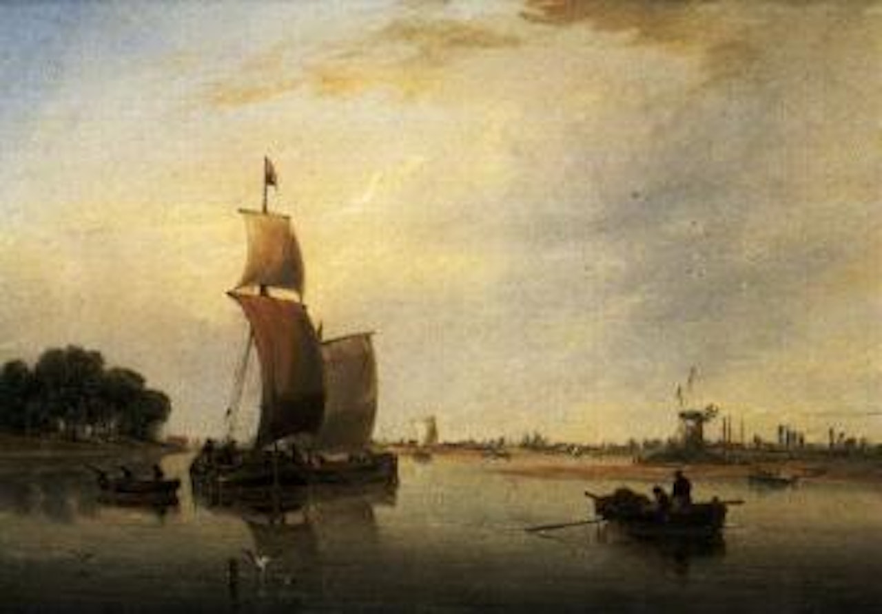 Barges in estuary off lowland town by John Wilson Carmichael