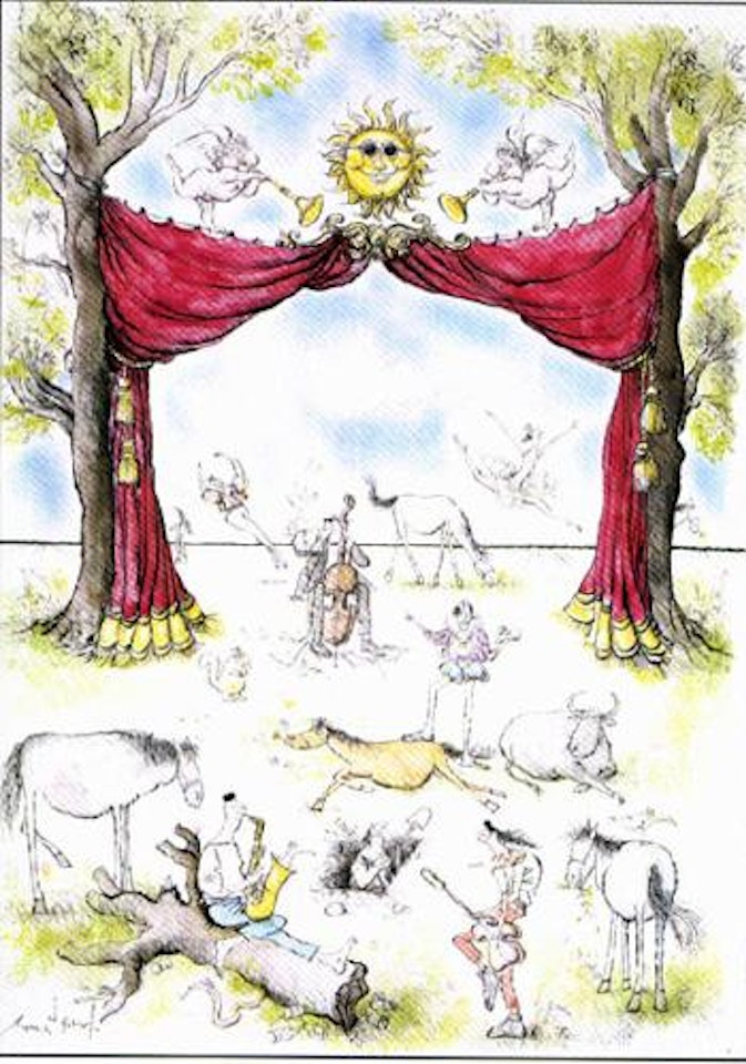 Performers and animals around outdoor theatre by Ronald Searle