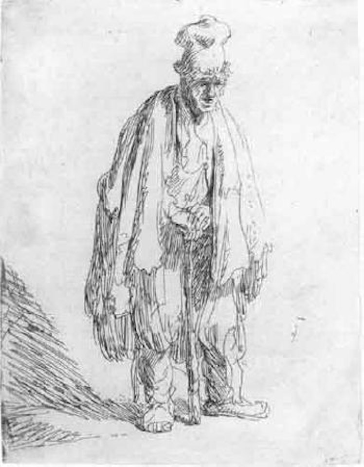 Beggar in high cap, leaning on stick by Attributed to Rembrandt Harmensz van Rijn