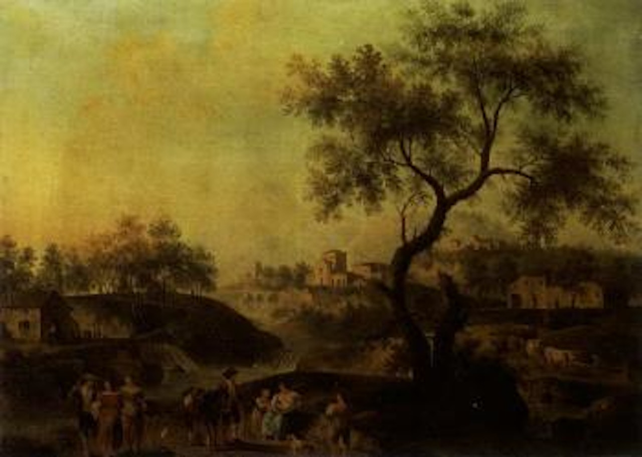 Figures by tree in Italianate landscape by Giovanni Battista Cimaroli