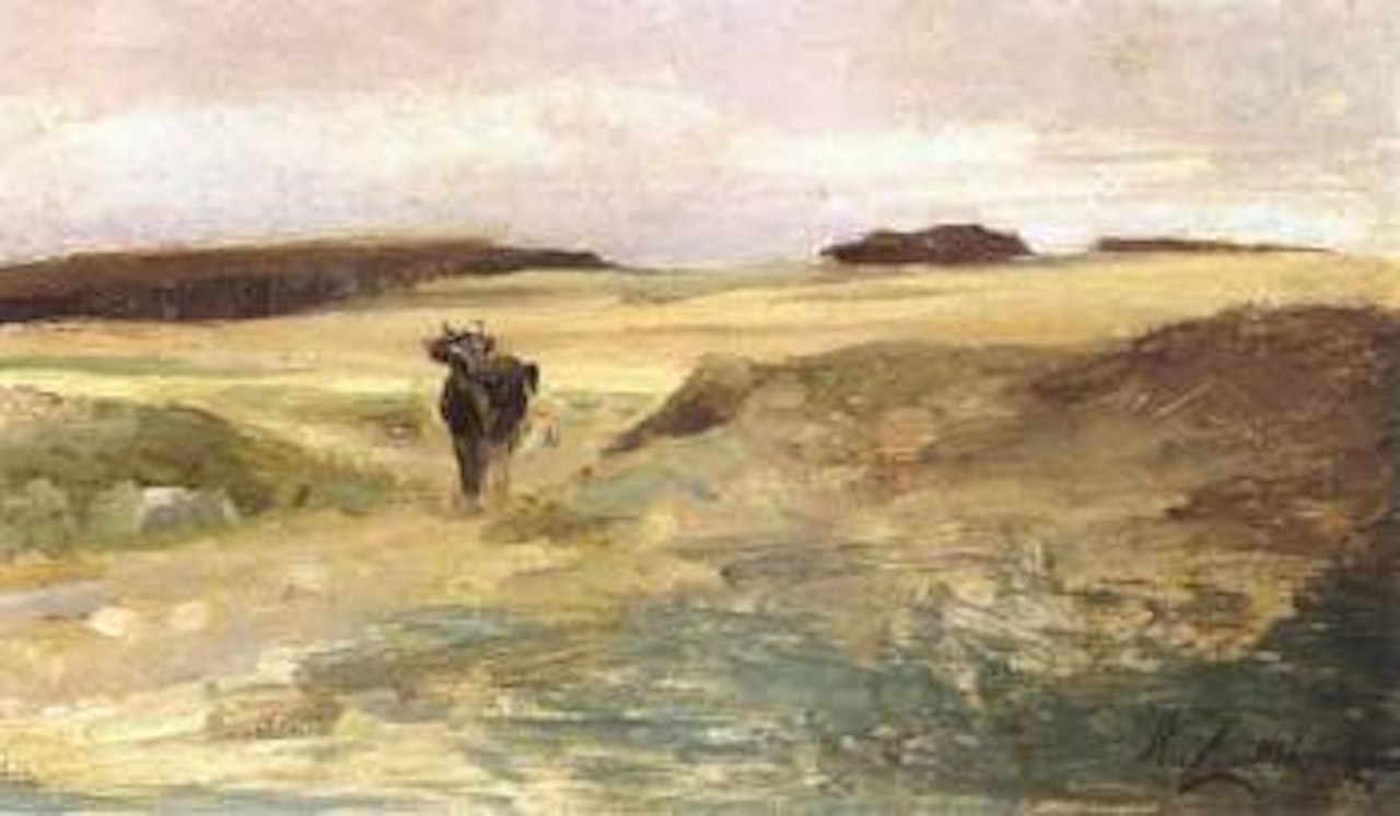 Study of cow in extensive landscape by Heinrich von Zugel