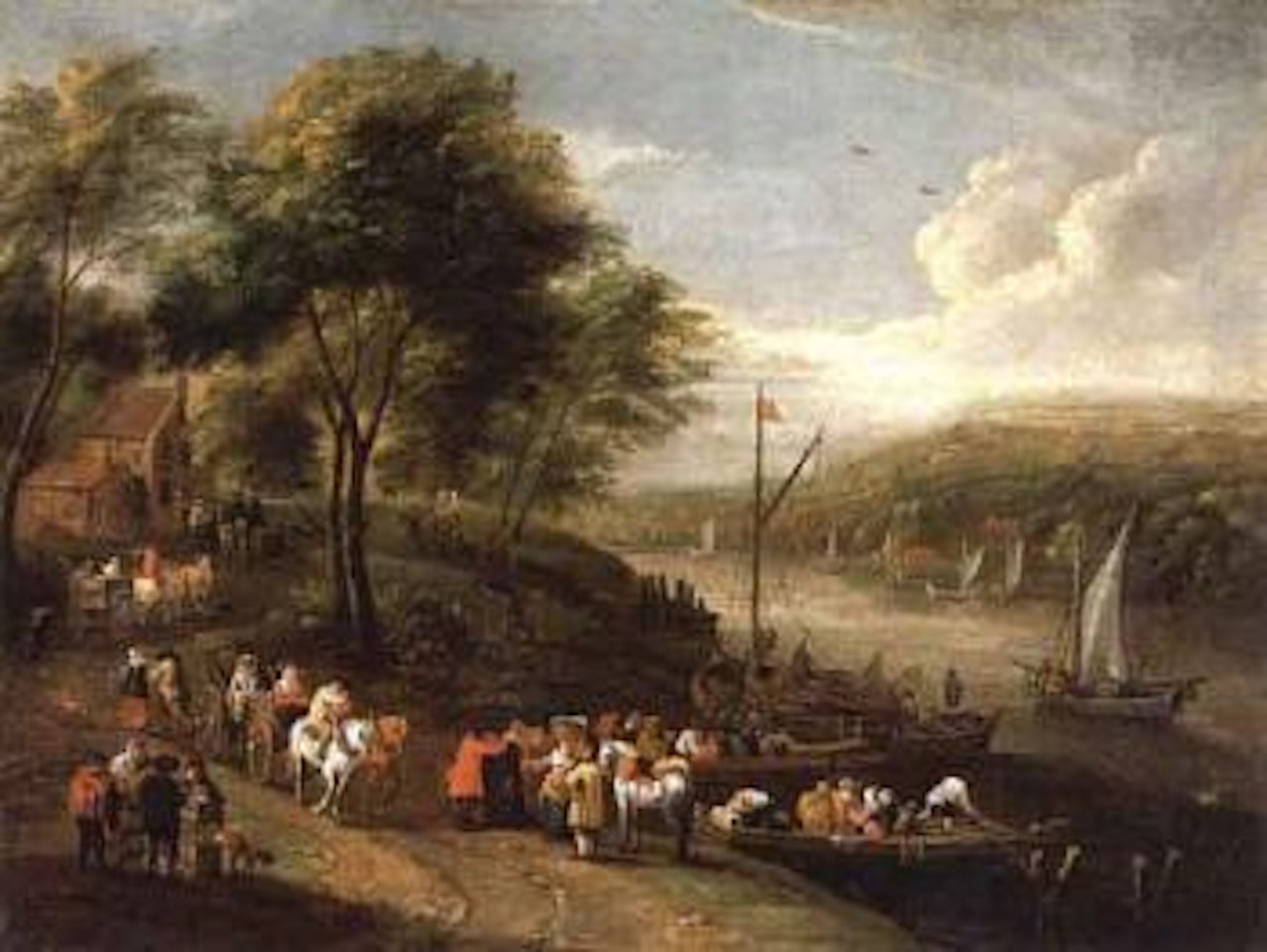 Farmers and merchants loading and unloading boats by Pieter Bout