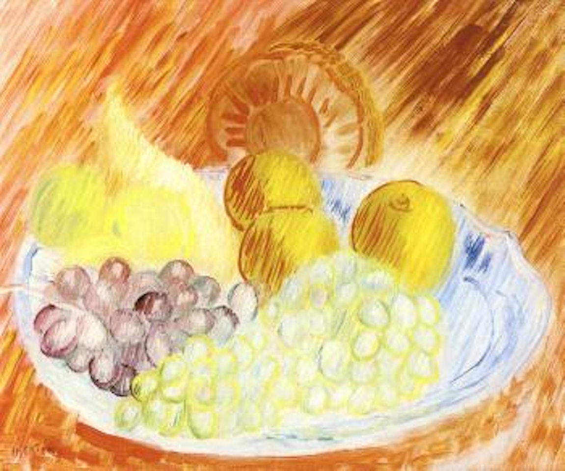 Bowl of fruit with red background by Sigrid Hjertén