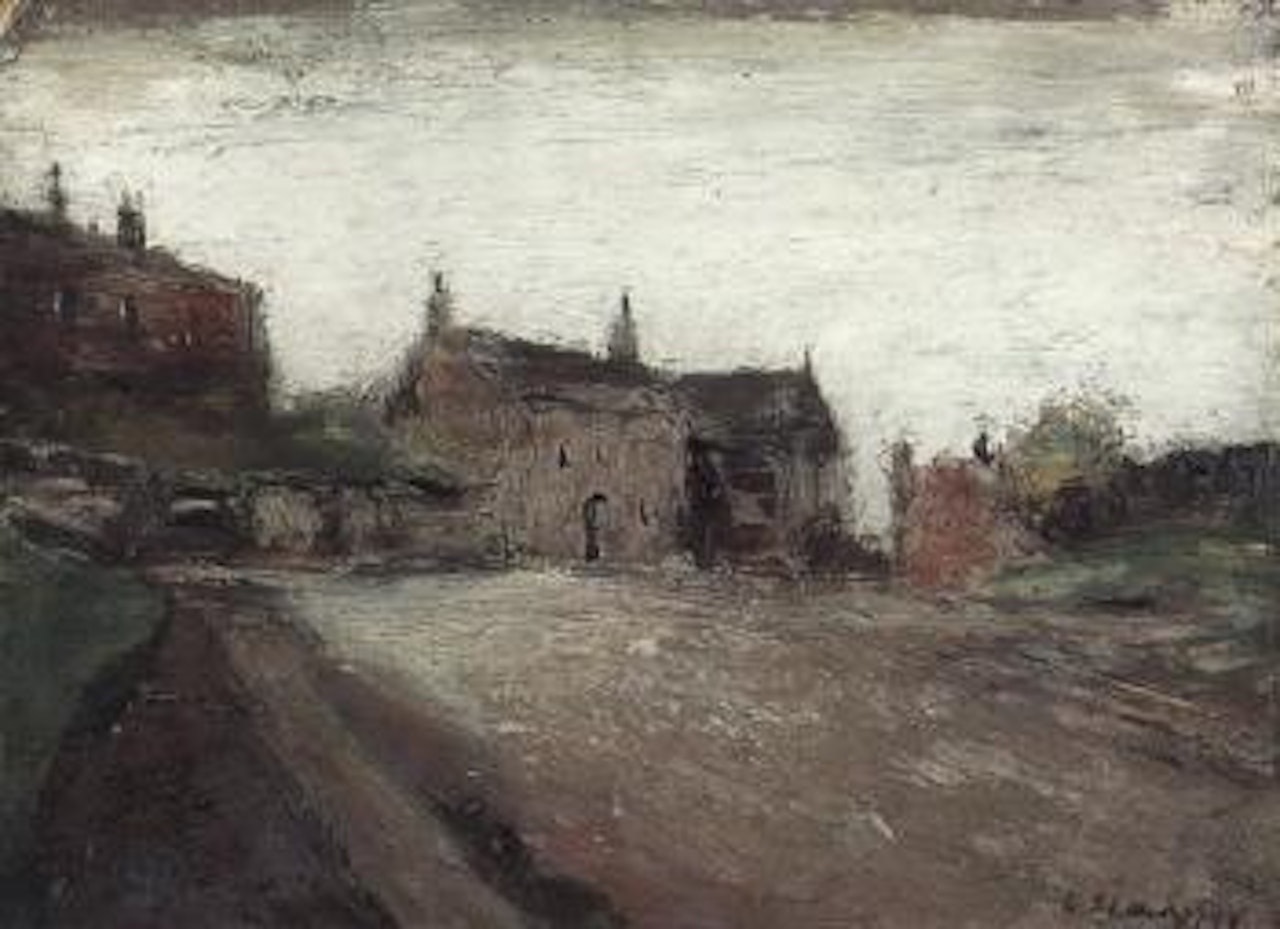 Farm buildings on country lane by Laurence Stephen Lowry