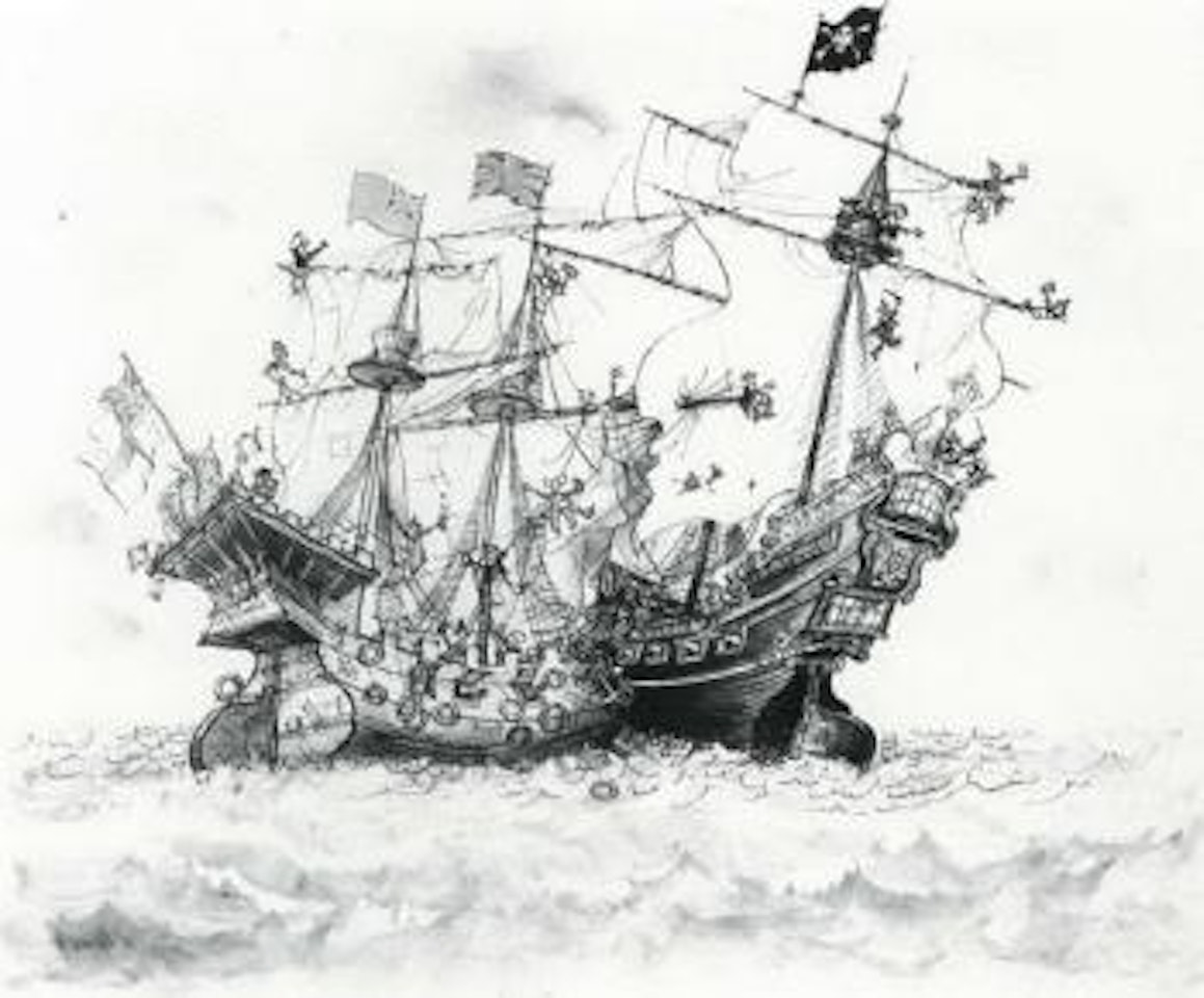 Battle between the pirate ship and H.M.S. Pinafore by Ronald Searle