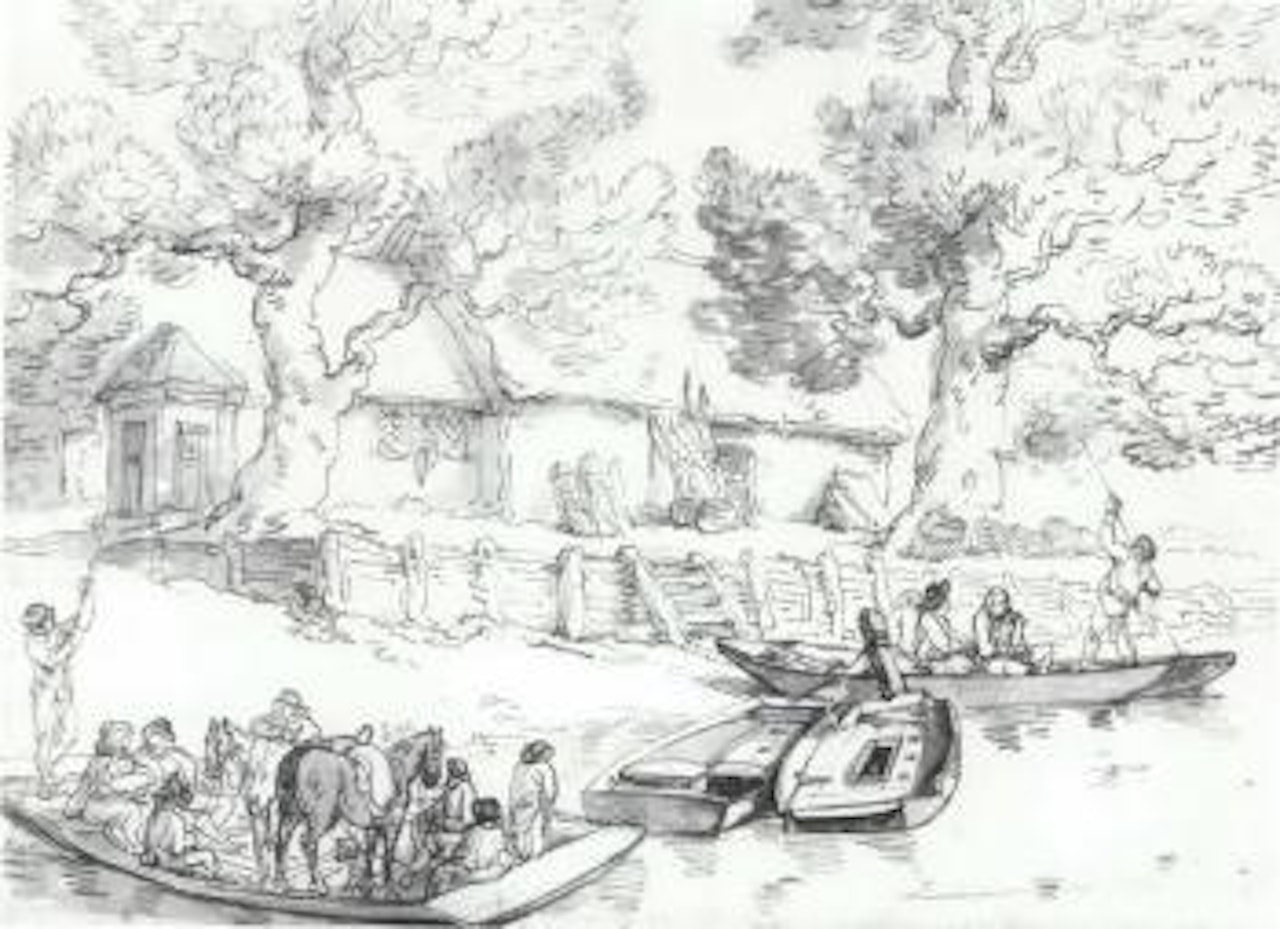 River scene with horses and figures on ferry by Thomas Rowlandson