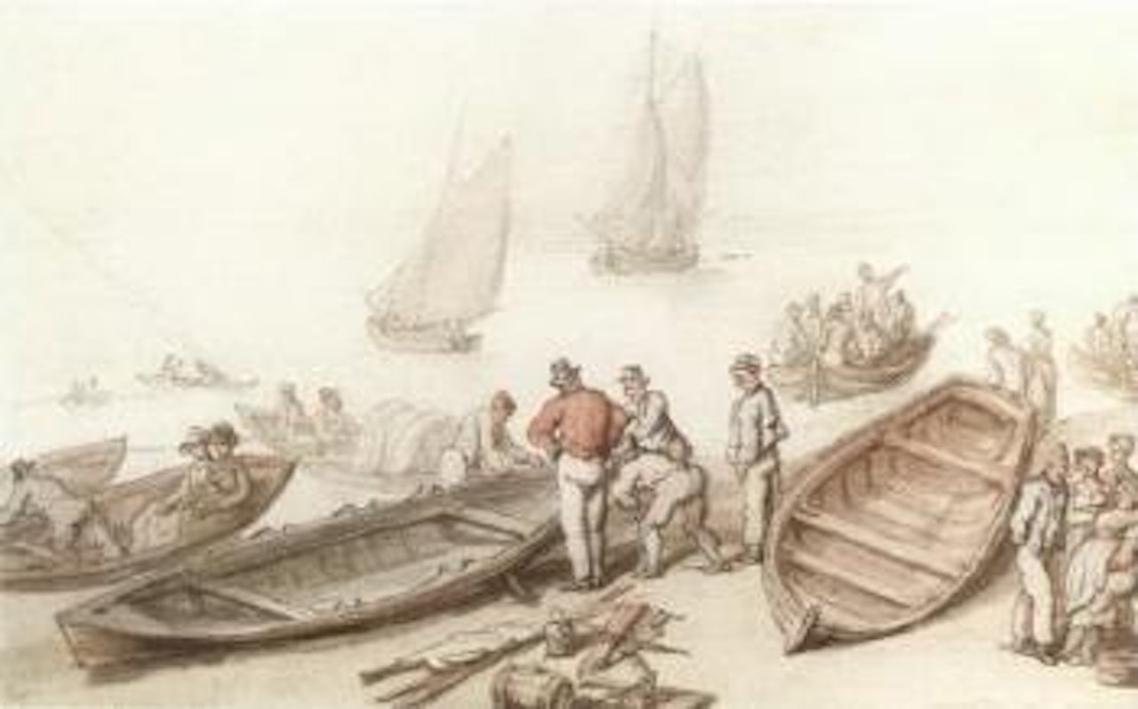 Scene with boats including sailors and other figures by Thomas Rowlandson