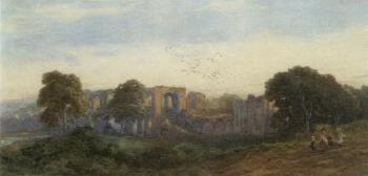 Furness Abbey, harvesters returning at evening, Cumbria by Edward Duncan