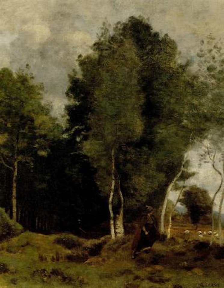 Paysanne gardant des moutons by Jean Baptiste Camille Corot