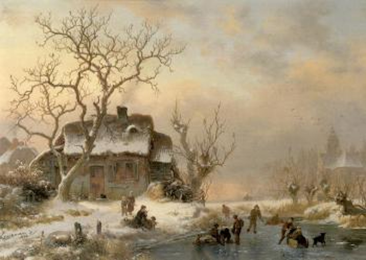Children skating on frozen pond by Fredrik Marinus Kruseman