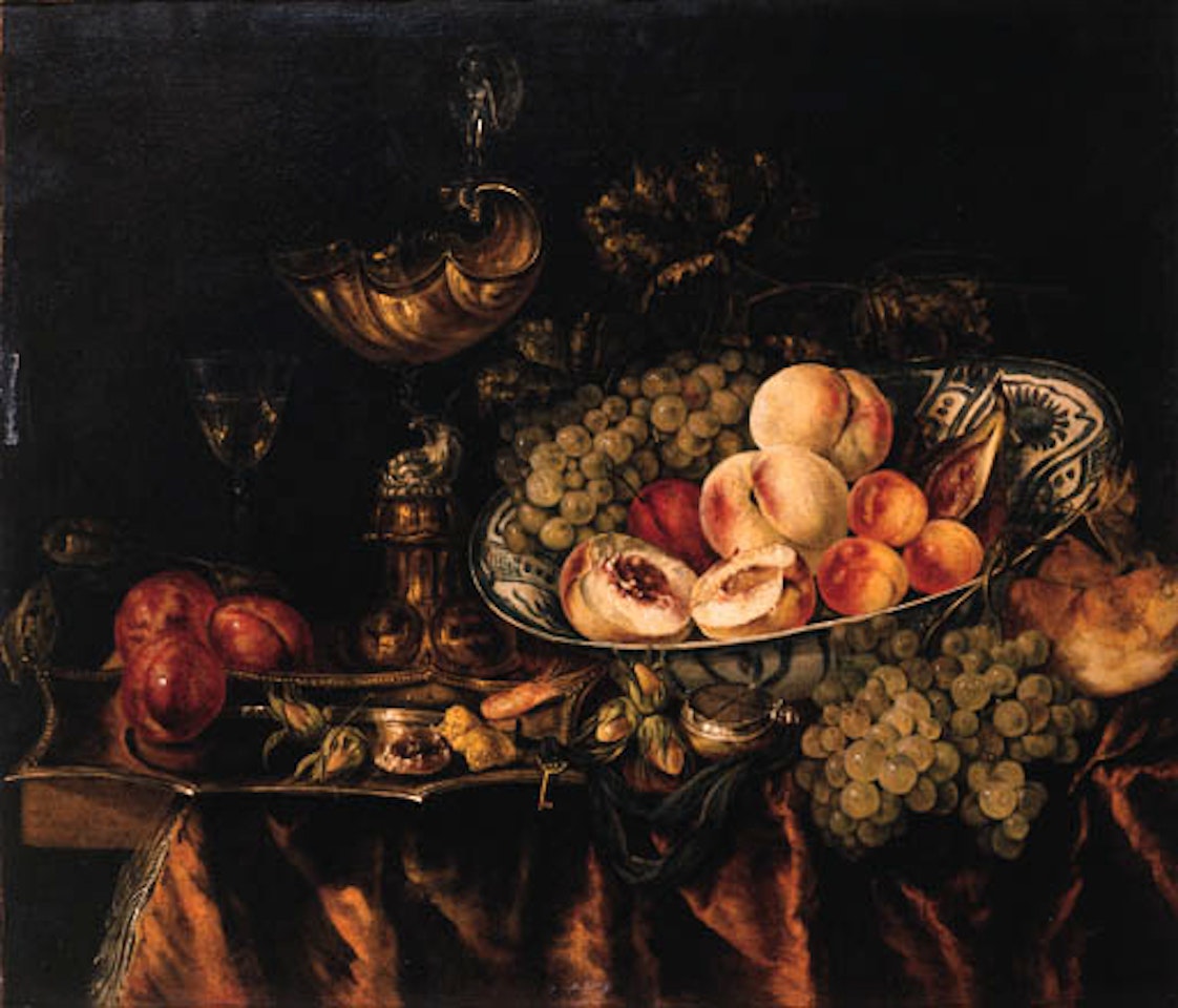 Fruit in dish, bun, fob watch, shrimp, nuts on dish by Abraham van Beijeren