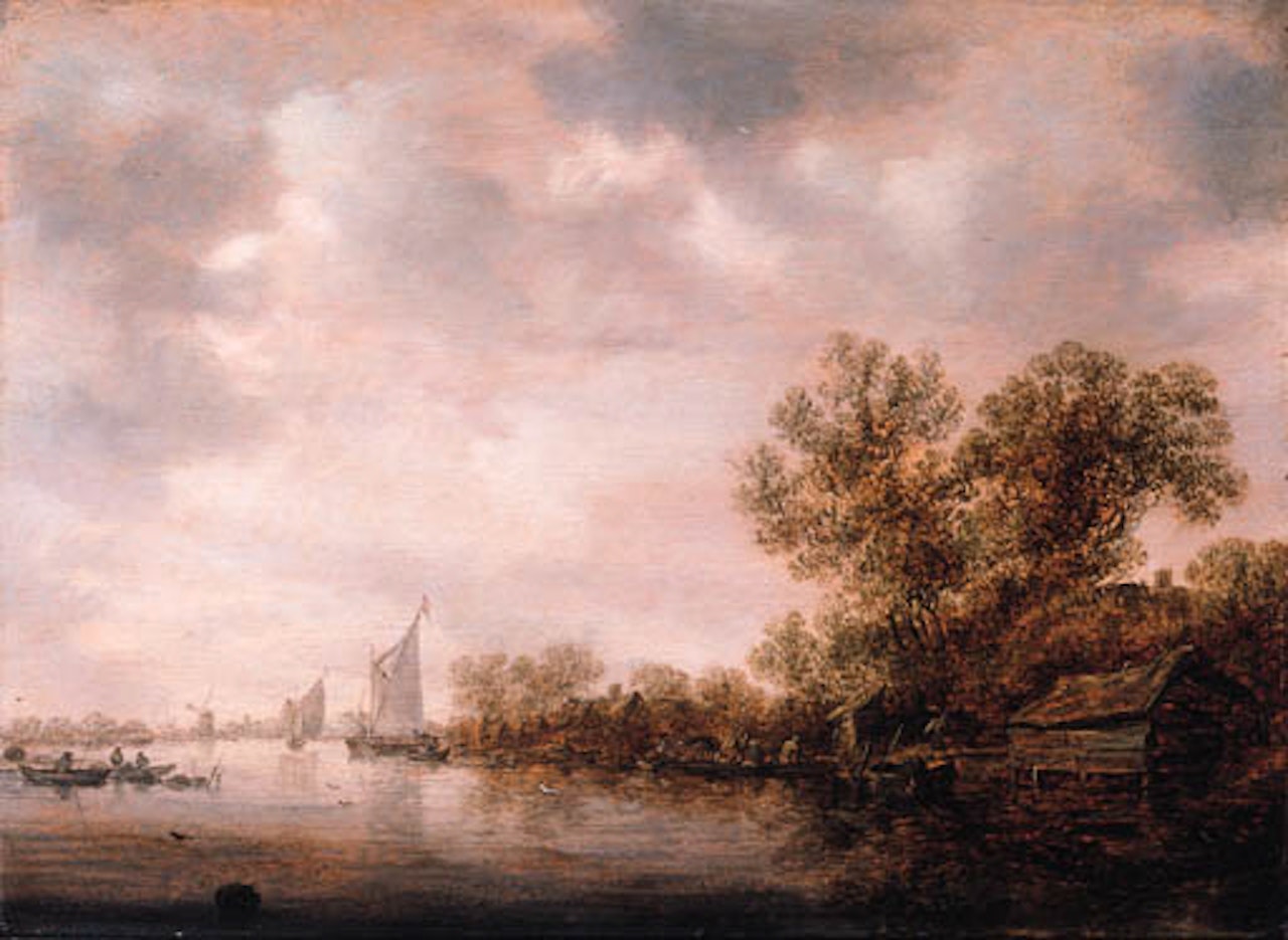 Peasants and cattle on ferry with fishermen in rowing boats by Jan van Goyen