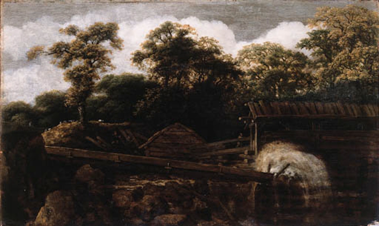 Sawmill on river at edge of wood by Allart van Everdingen