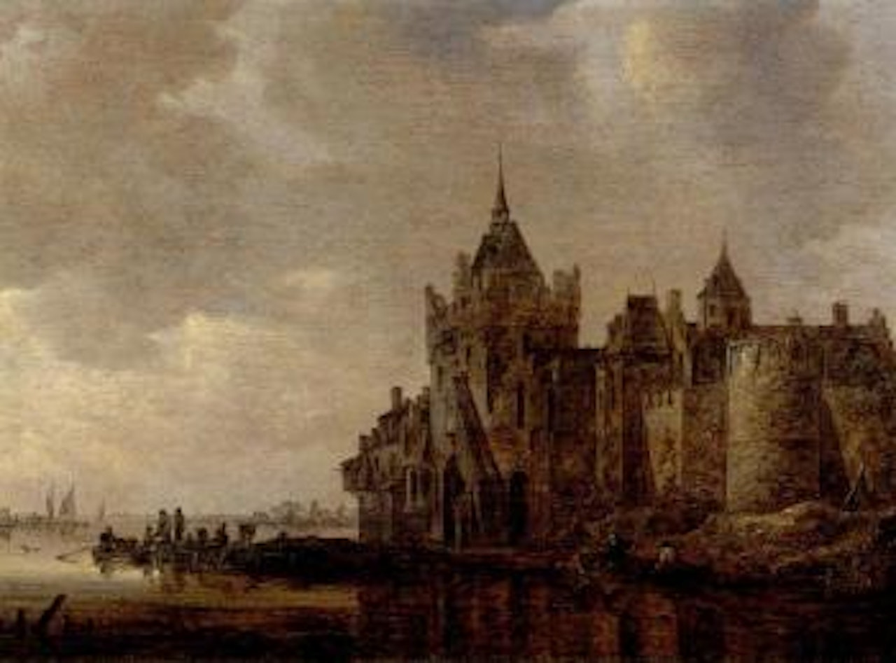 Fortified castle on river with rowing boats by Jan van Goyen