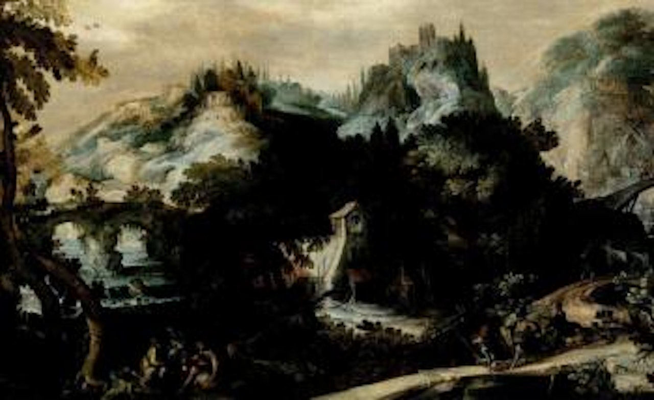 Rocky wooded river landscape with figures fishing by Frederick van Valkenborch