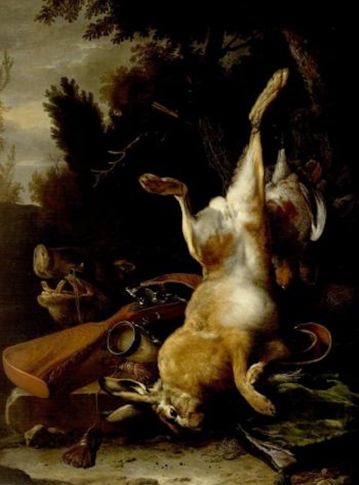 Game still life with hung hare, boar's head and musket by Melchior de Hondecoeter