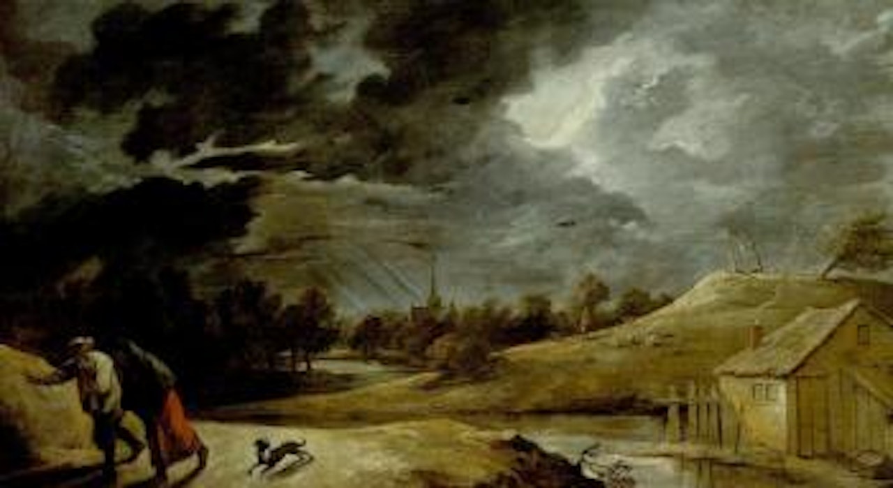 River landscape with elderly couple fleeing storm by David Teniers II
