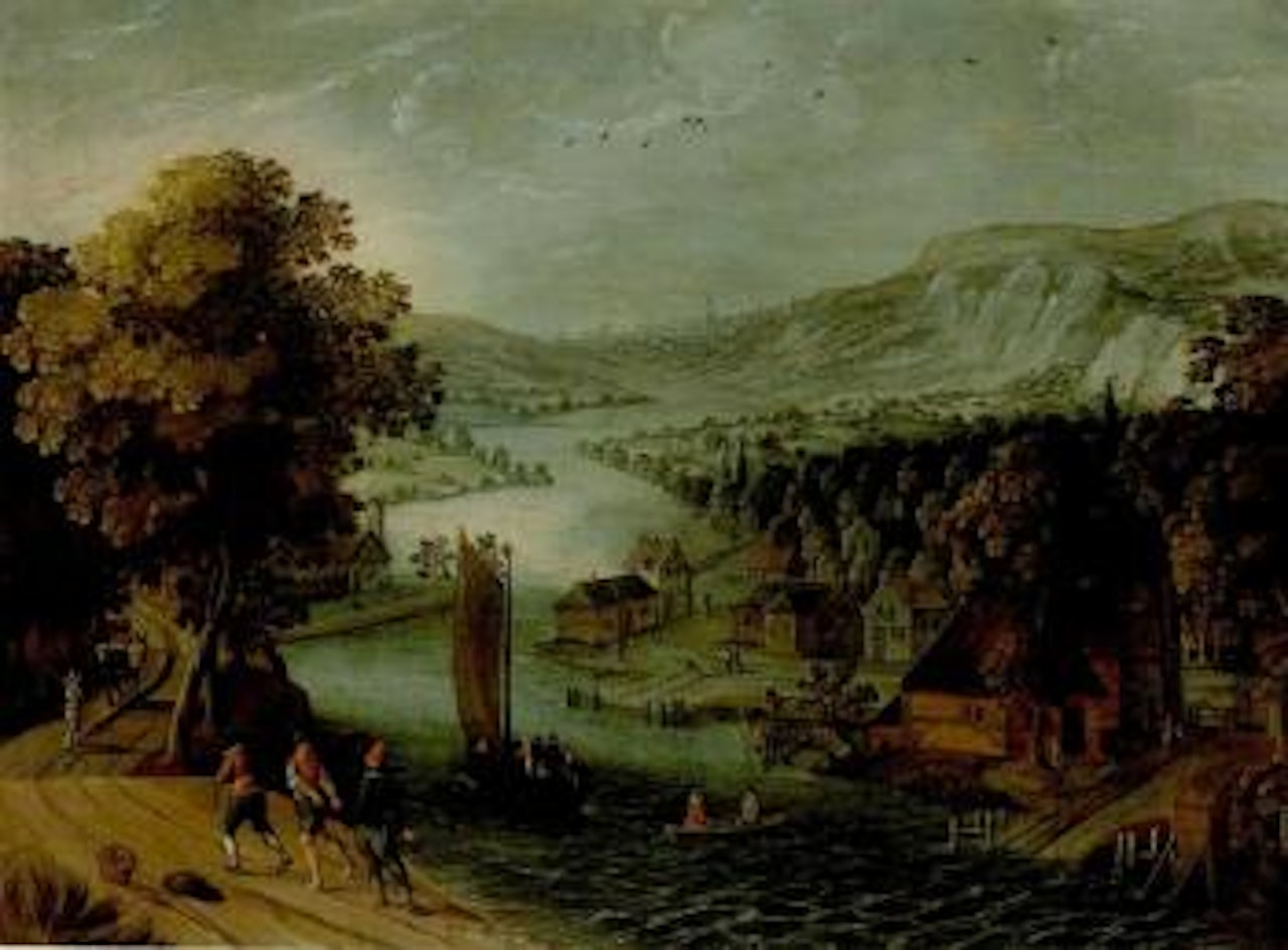 Extensive river landscape with boats and fishermen by Tobias Verhaecht