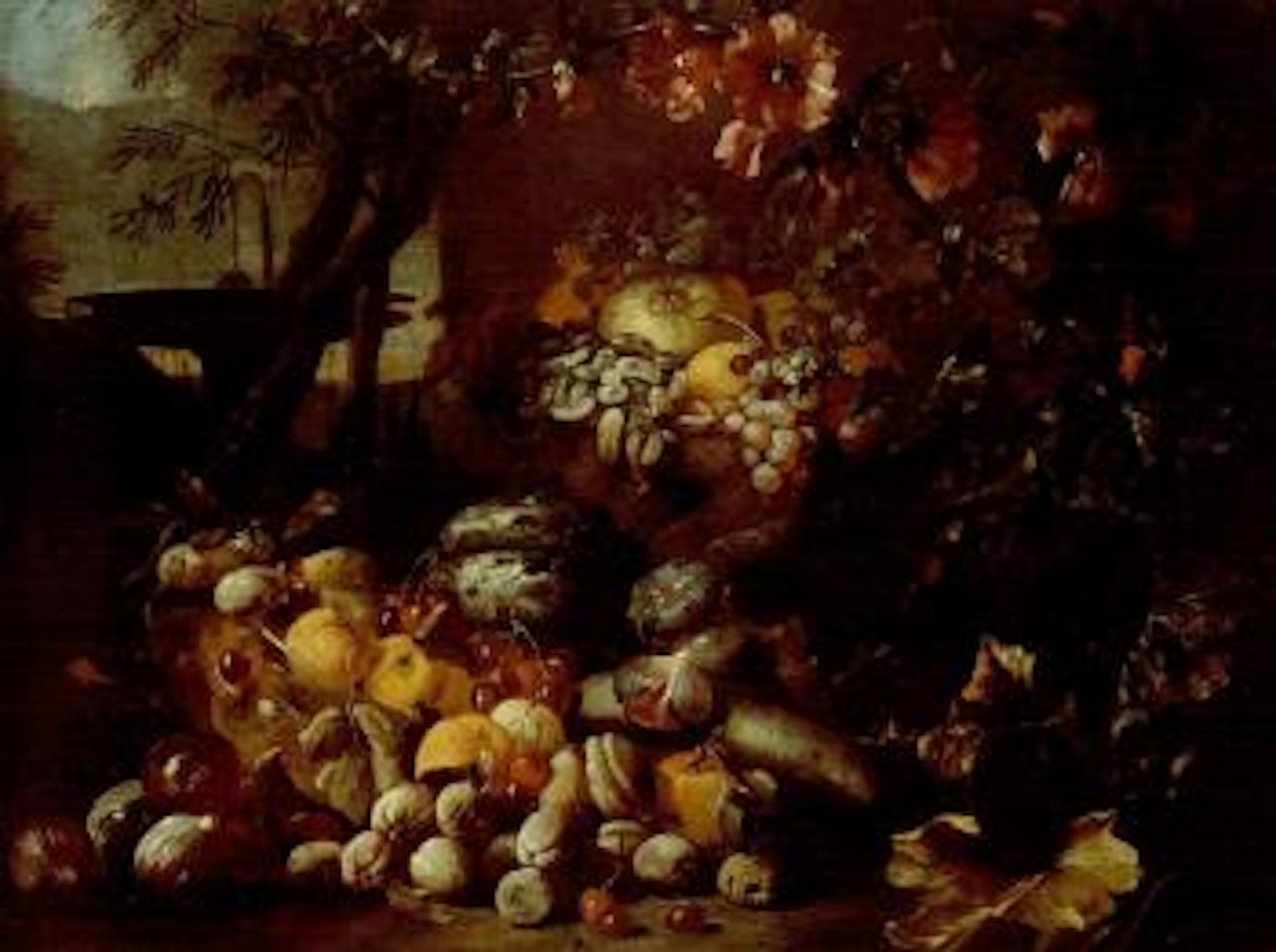 Still life of fruit in basket with glass bowl by Abraham Brueghel