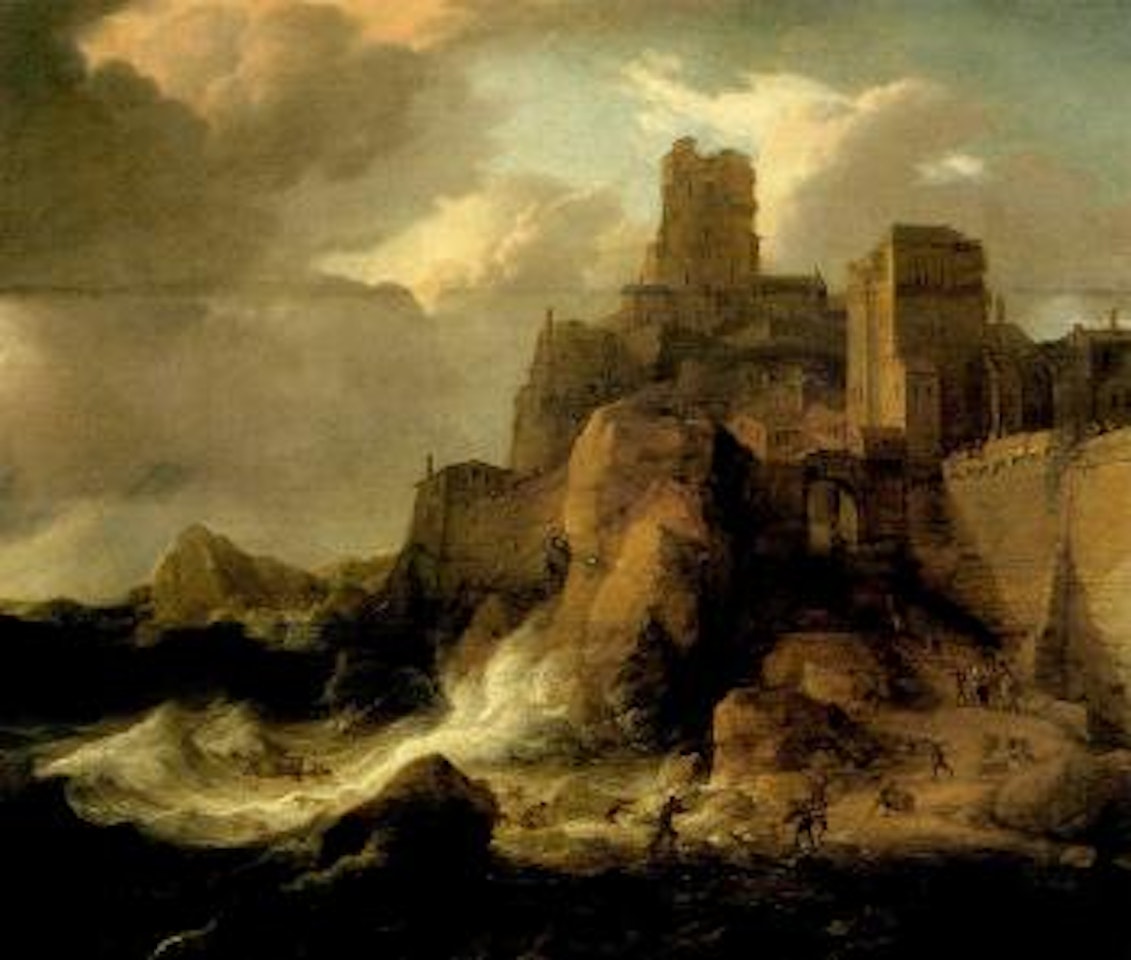 Rocky coastal landscape with fortified town by Jan Abrahamsz. Beerstraten