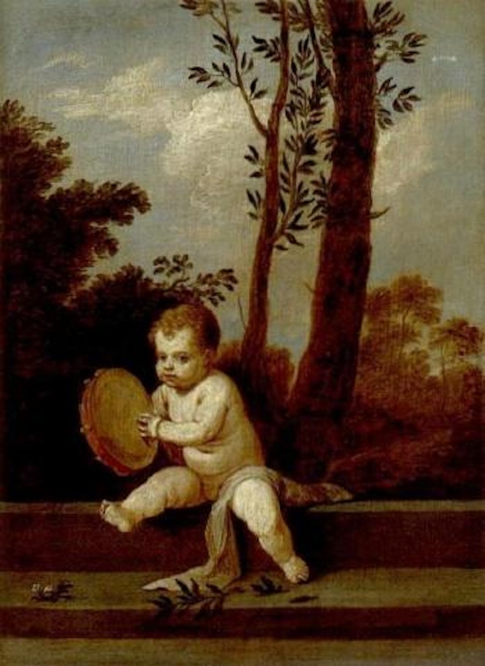 Putto playing the tambourine in landscape by David Teniers II