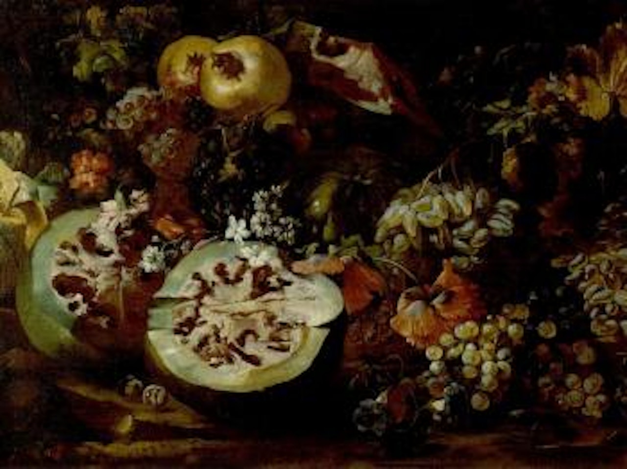 Still life of watermelons, grapes, carnations and other by Abraham Brueghel