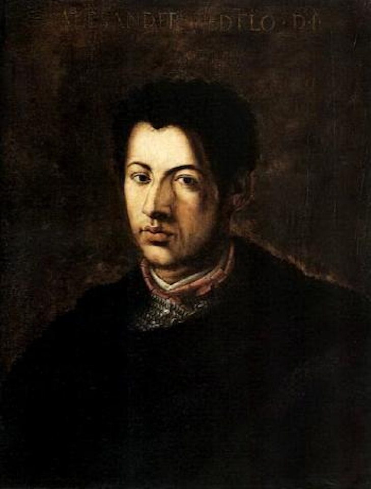 Alessandro de Medici wearing black cloak over chain mail by Bronzino
