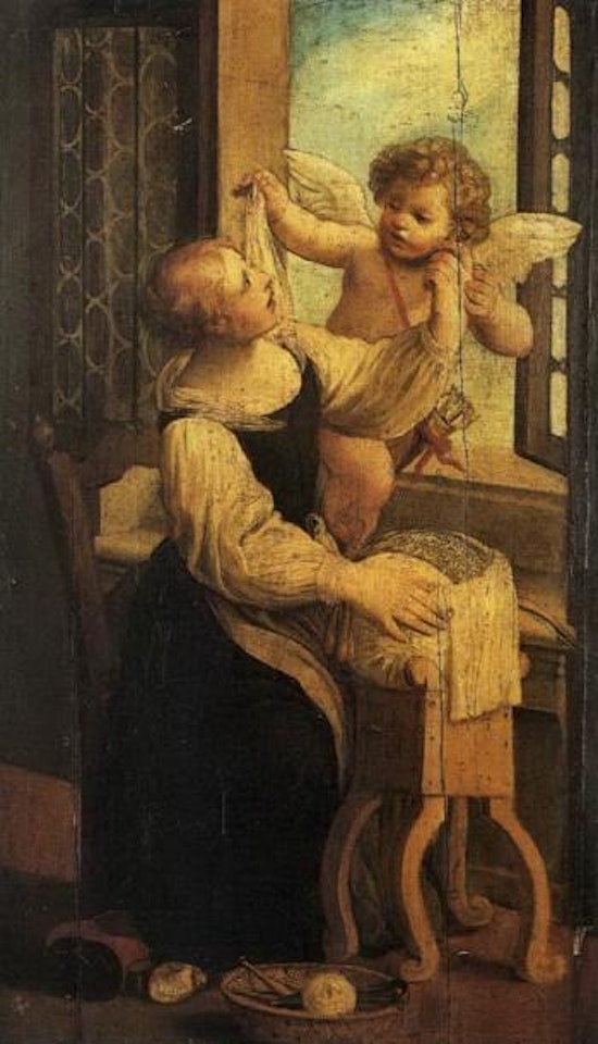 Maid in interior visited by Cupid by Simon Vouet
