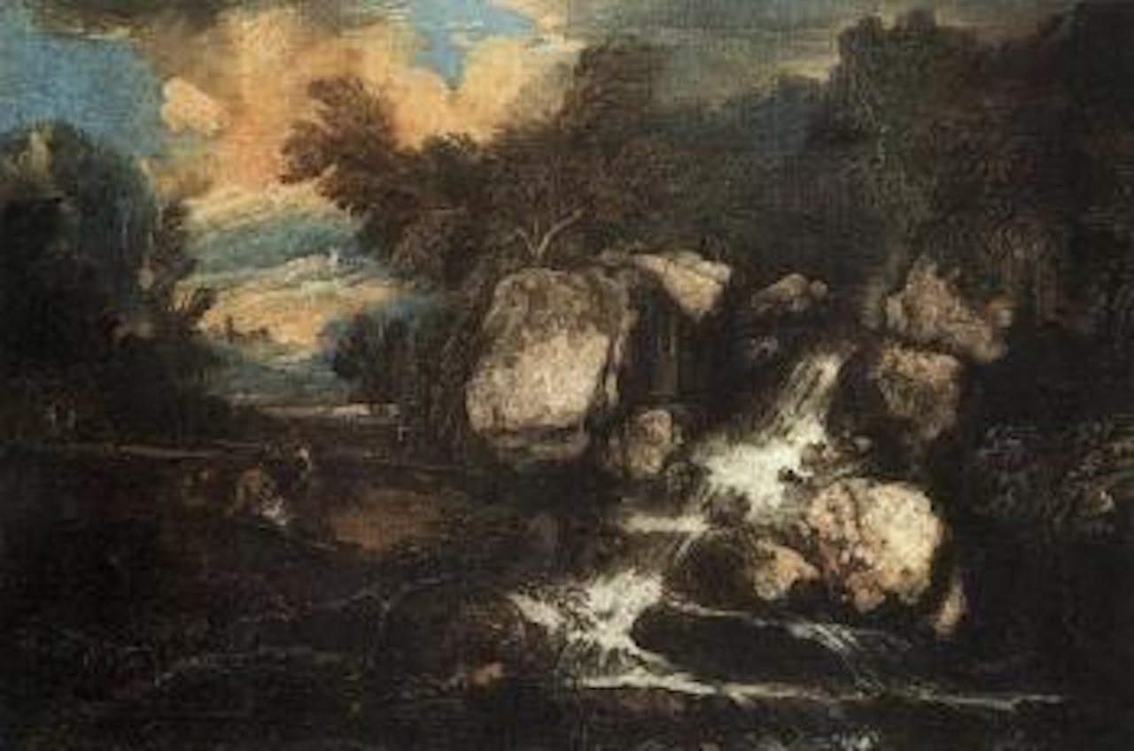 Mountain landscape with figures by waterfall by Alessandro Magnasco