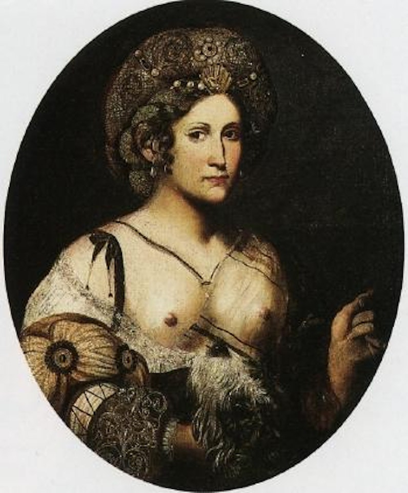 Courtesan holding dog by BOLOGNESE SCHOOL