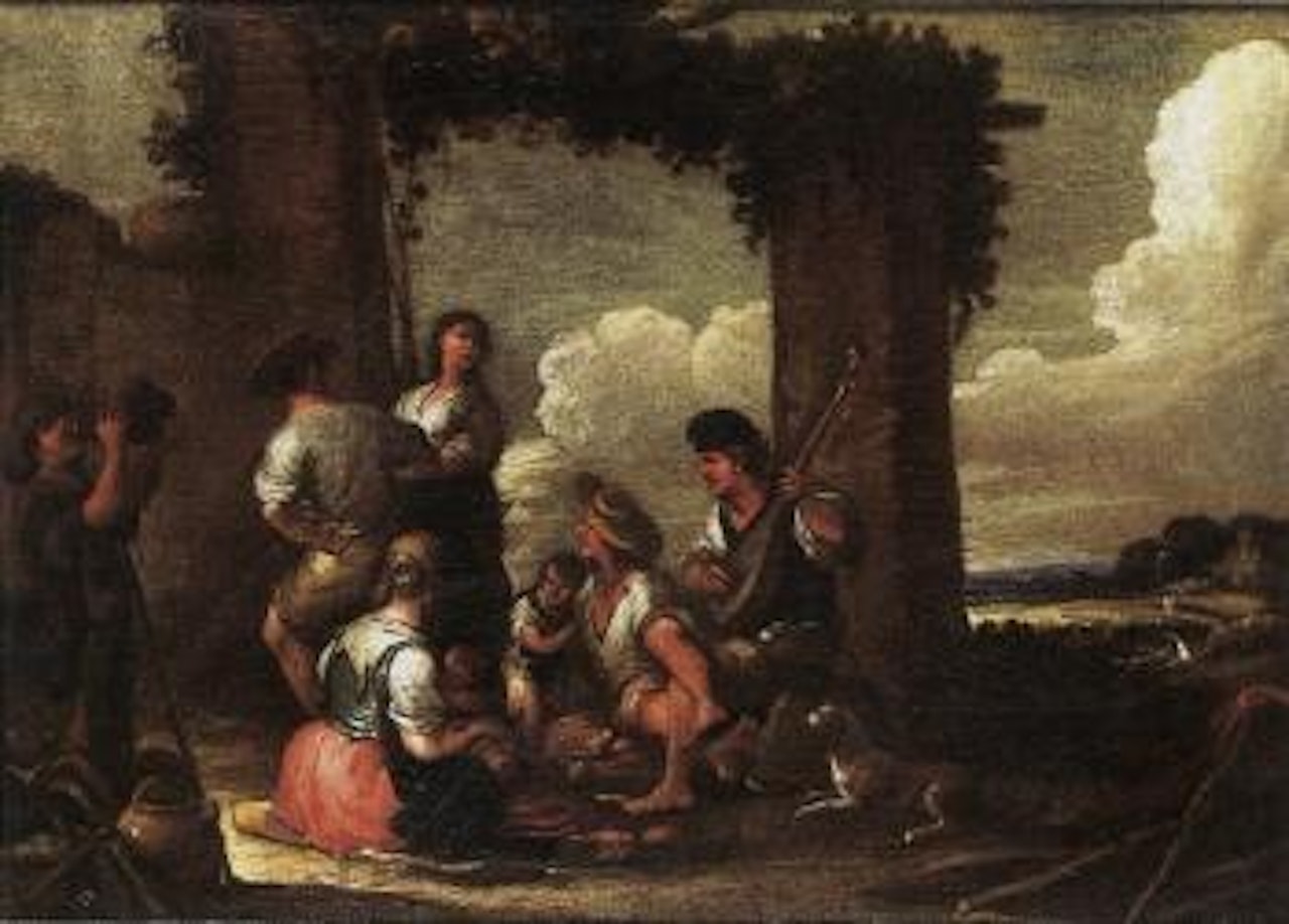 Peasants drinking and dancing before ruins by Cornelis de Wael