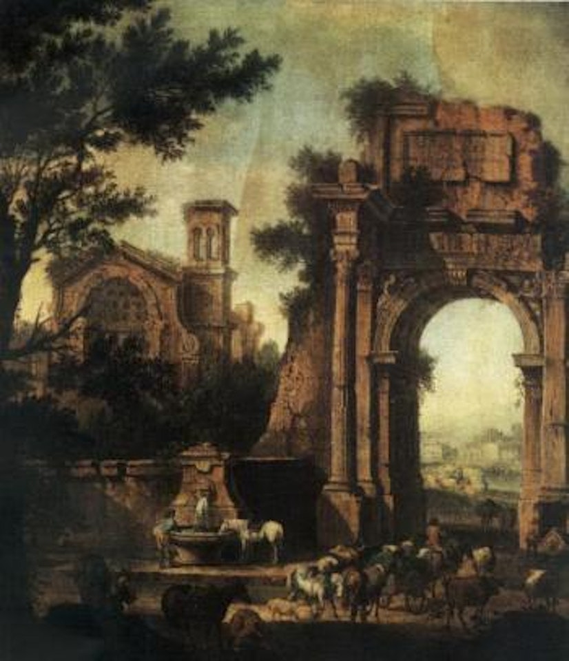 Capriccio of ruins with travellers by Arch of Vespasian by Giovanni Battista Cimaroli
