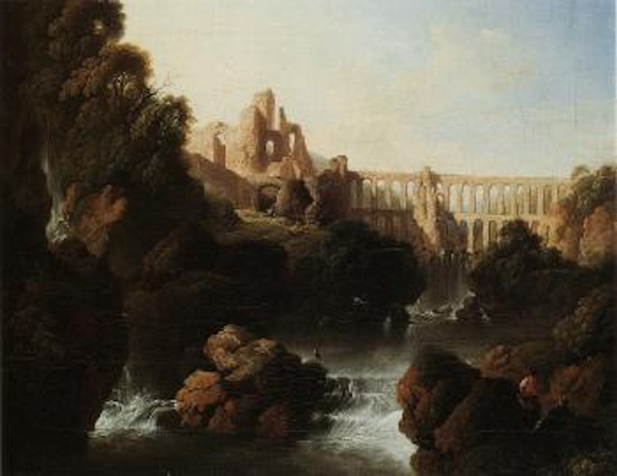 Italianate river landscape with ruins, aqueduct, waterfalls by Christian Wilhelm Ernst Dietrich