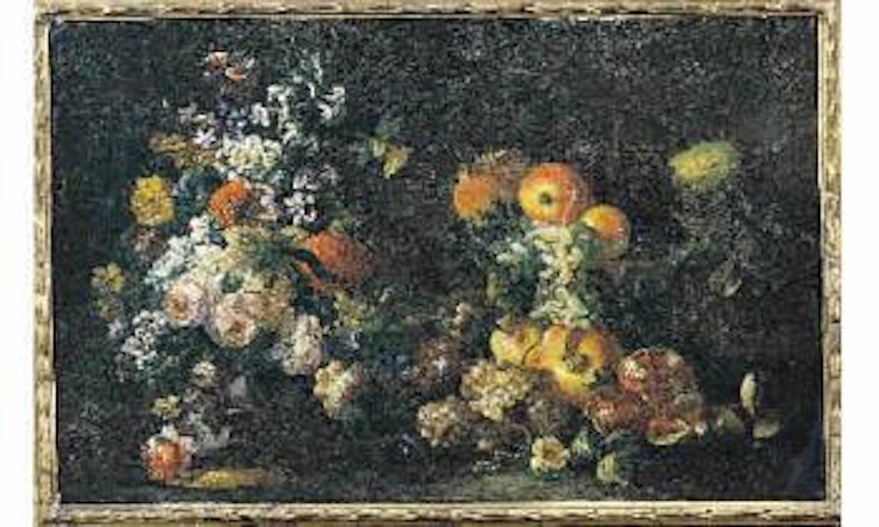 Nature morte au vase de fleurs et aux fruits by Roman School