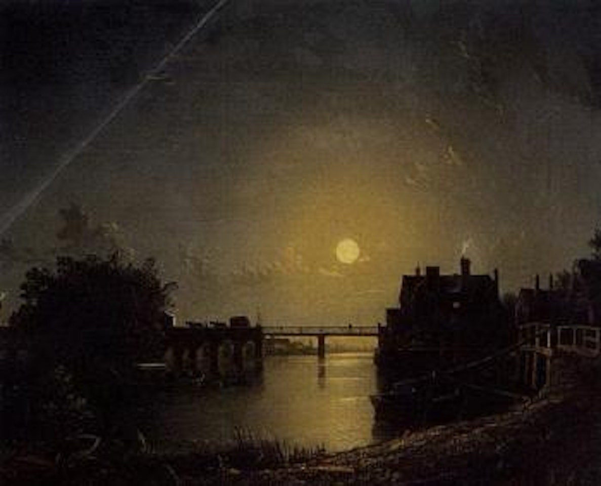 A moonlit river landscape by Henry Pether